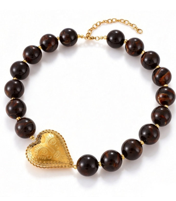 Collar Dark Brown Heart Beads