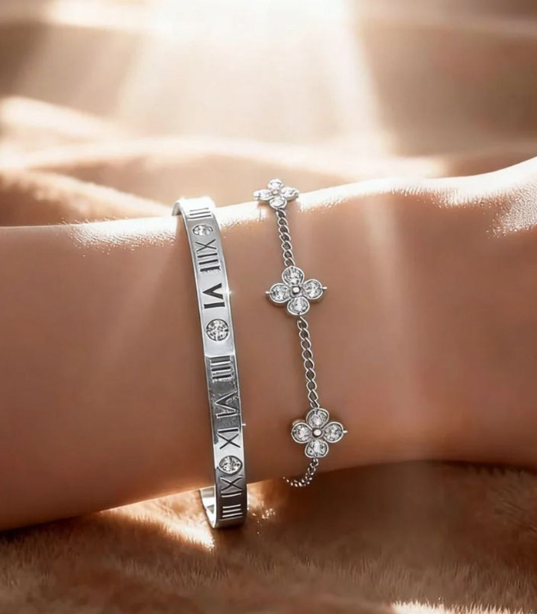 Brazalete Romano Set Flores Plata