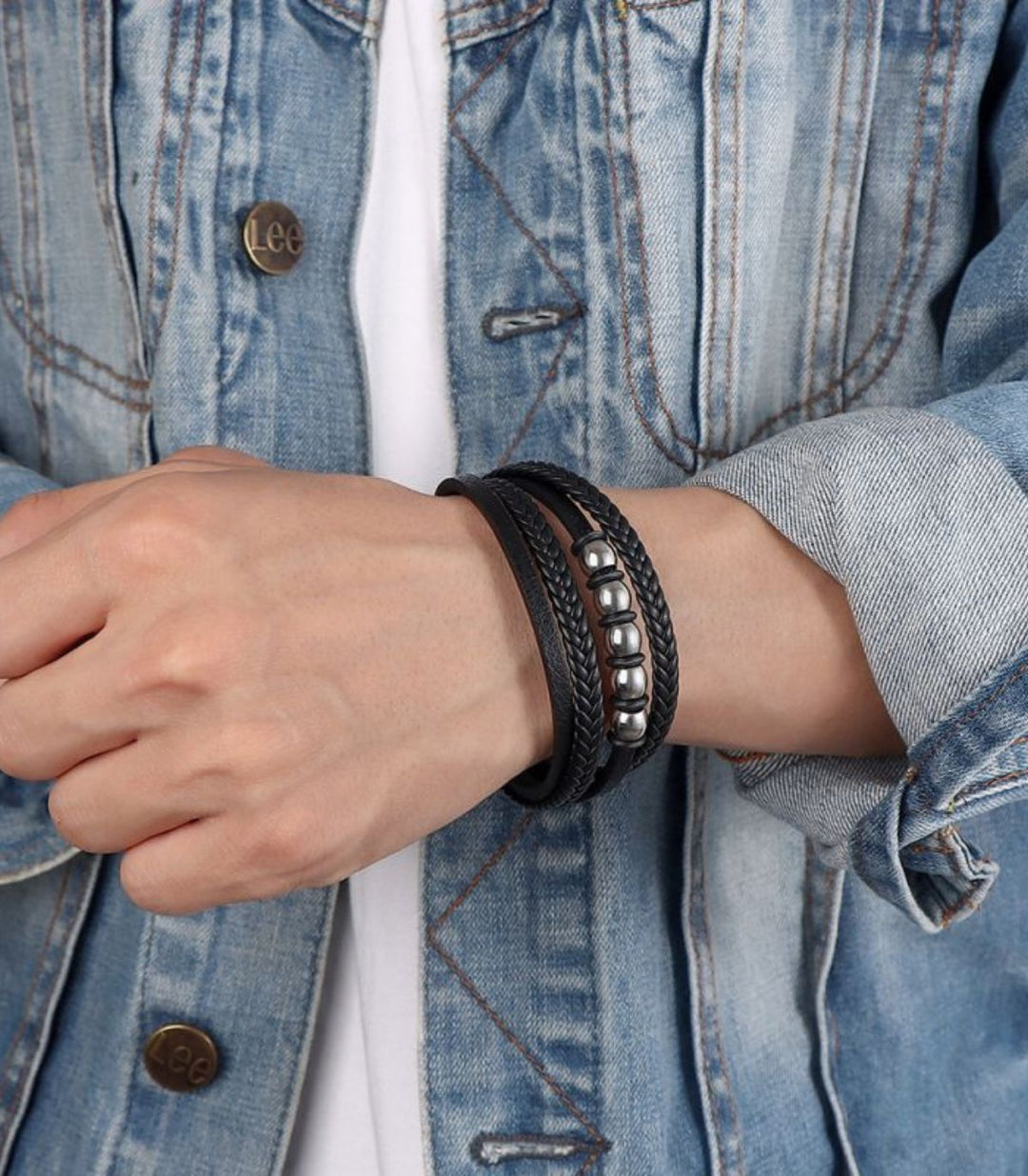 Brazalete Black Leather Braided