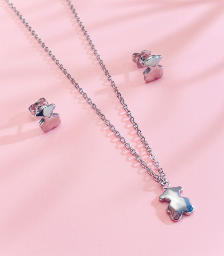 Collar y Aretes Set Ositos Plata
