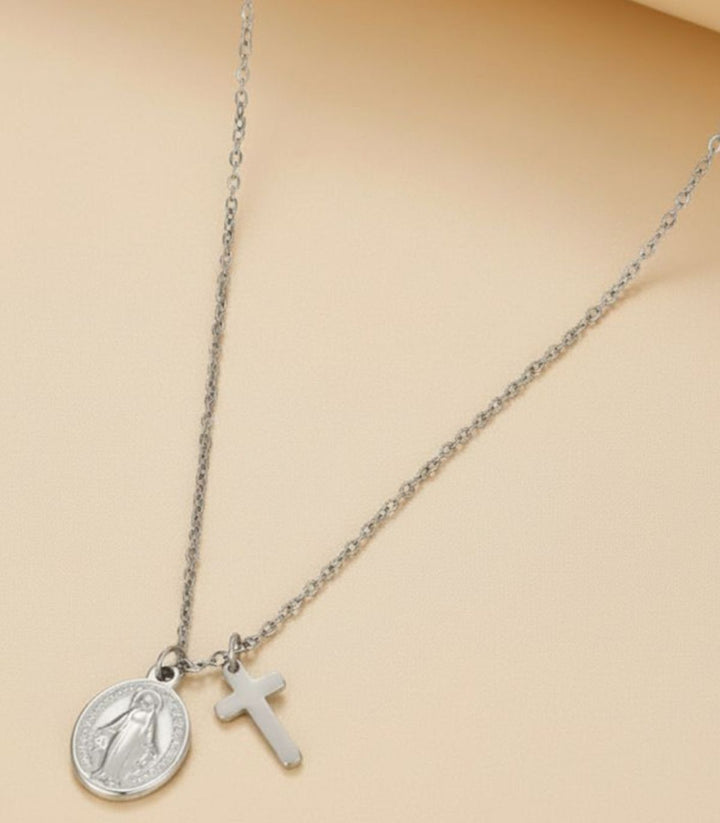 Collar plata cruz y virgen
