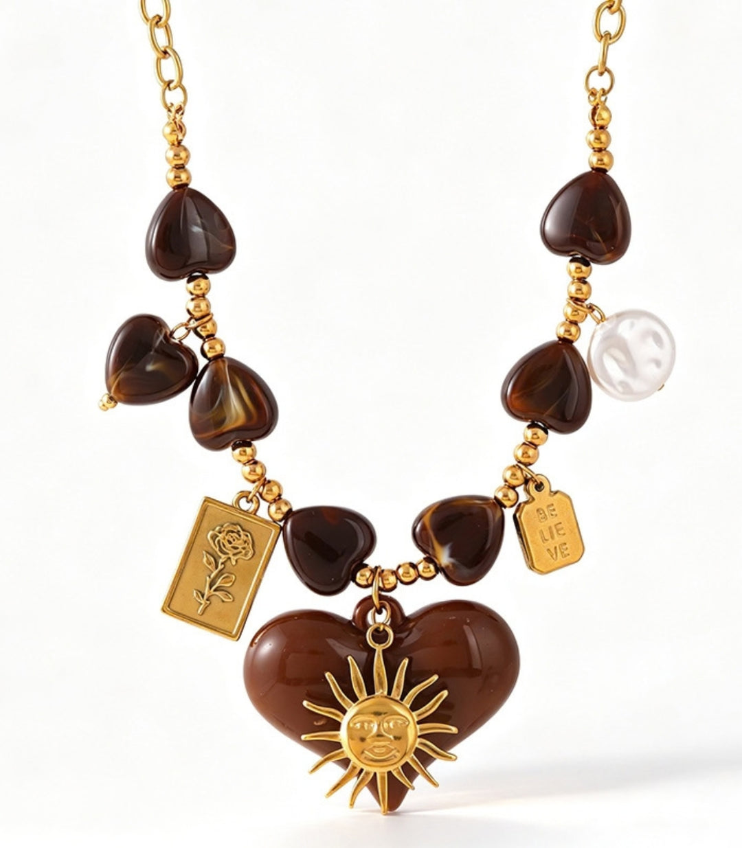 Collar Brown Resin Heart Sun