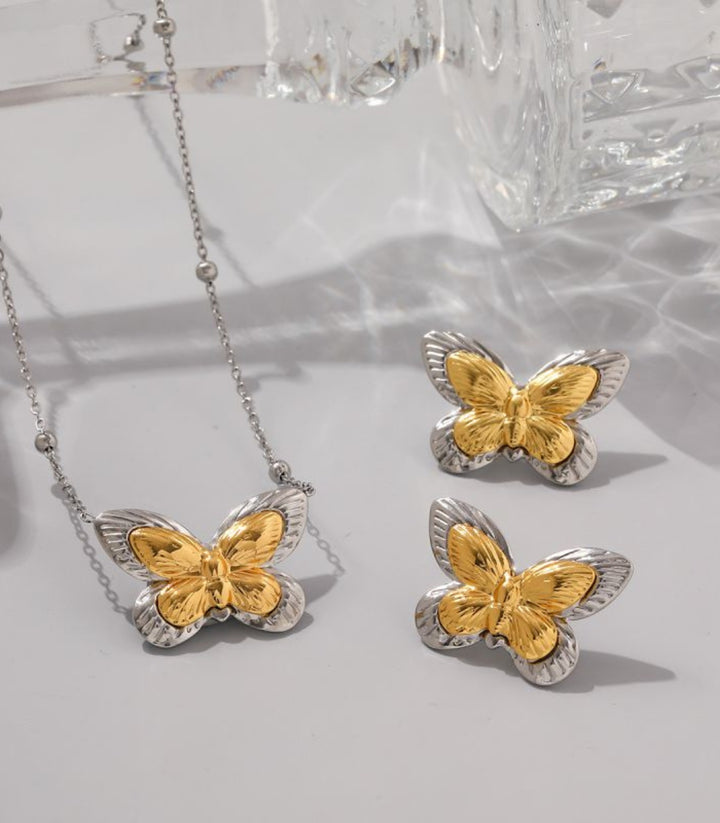 Collar y Aretes Set Mariposas Plata