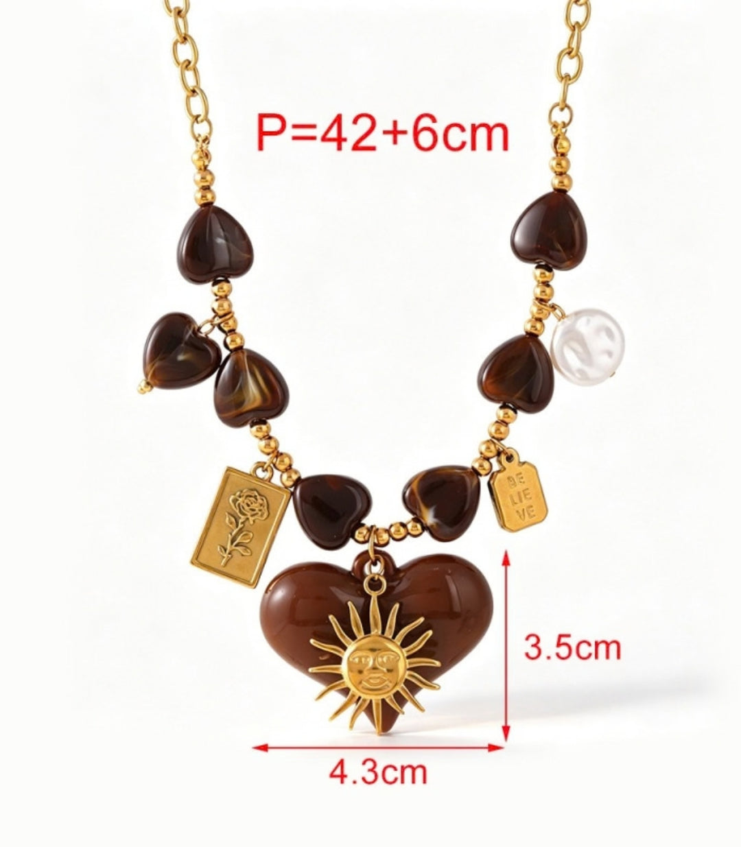 Collar Brown Resin Heart Sun