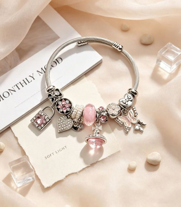 Brazalete Silver Pink Charms